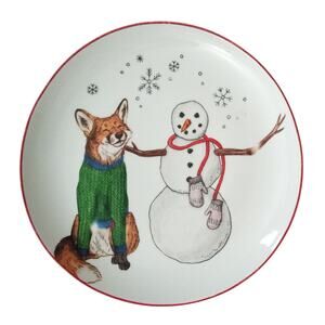West Elm Rachel Kozlowski Dapper Animal Winter Fox Snowman Plate Salad Dessert